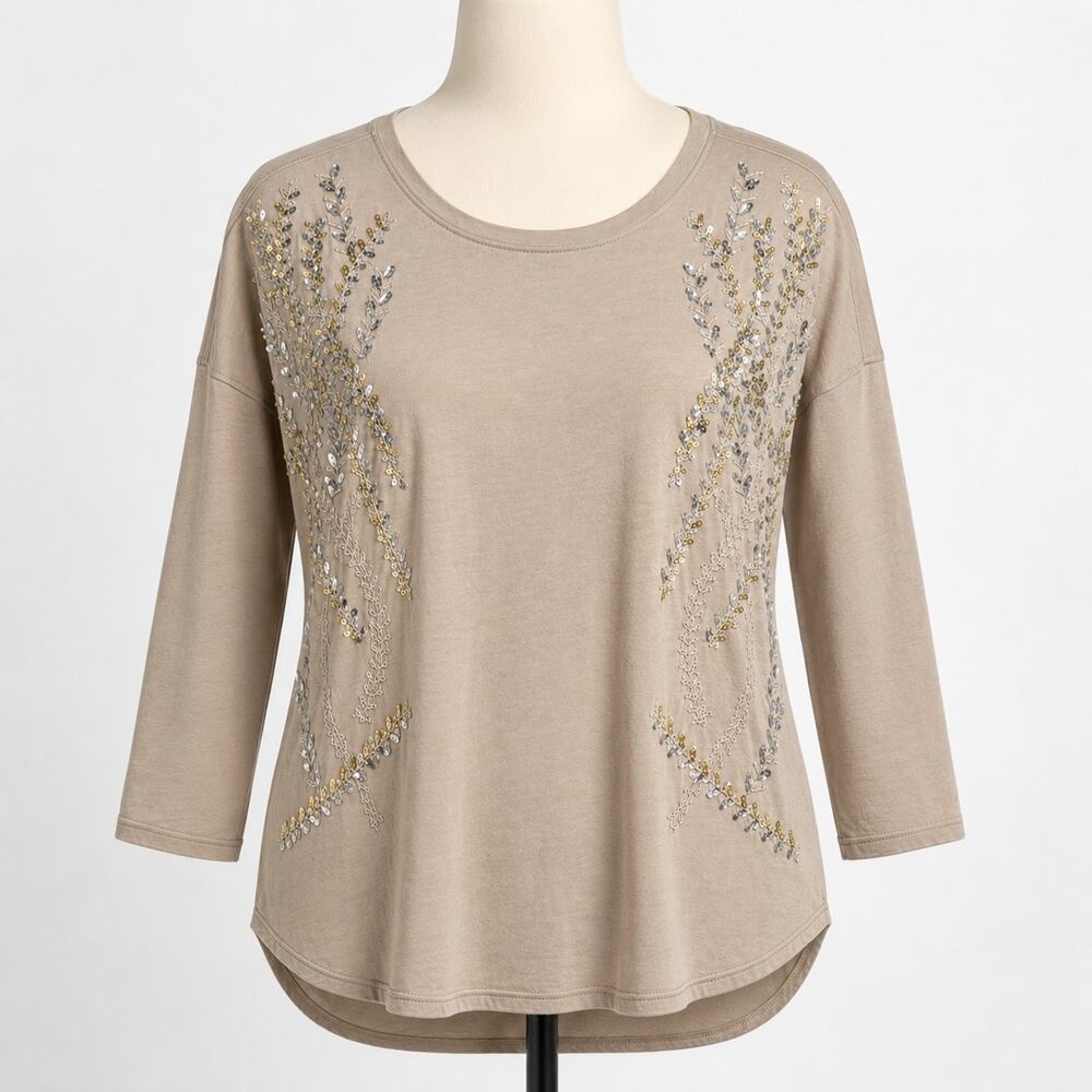 Cupio Beige Sequin Embellished Tunic Top Women’s Large XL Oversized 3/4 Sleeve